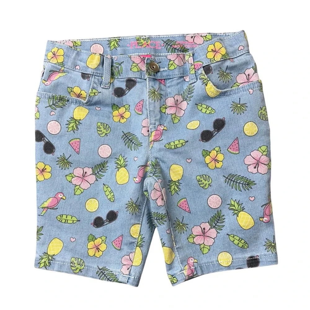 The Children's Place Skimmer Shorts Girls 6‎ Plus Blue Tropical Denim Hibiscus